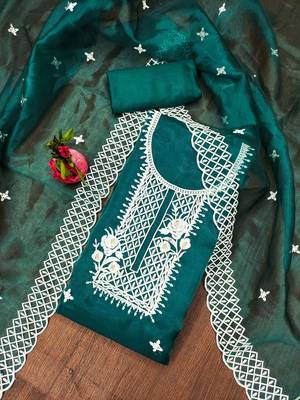 Teal Organza Embroidered Unstitched Dress Material 1