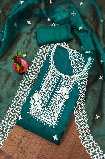Teal Organza Embroidered Unstitched Dress Material