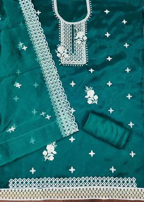 Teal Organza Embroidered Unstitched Dress Material 2