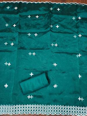 Teal Organza Embroidered Unstitched Dress Material 3