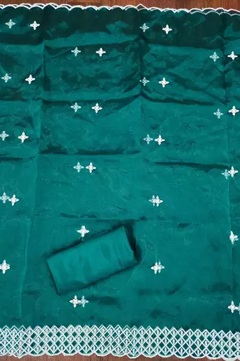 Teal Organza Embroidered Unstitched Dress Material