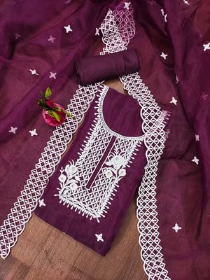 Wine Organza Embroidered Unstitched Dress Material 1