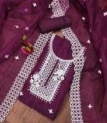 Wine Organza Embroidered Unstitched Dress Material