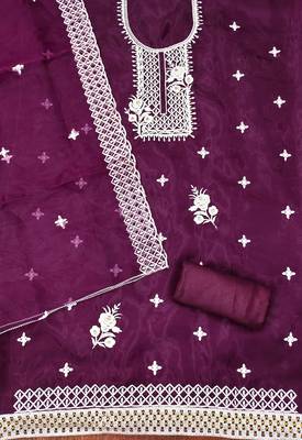 Wine Organza Embroidered Unstitched Dress Material 2