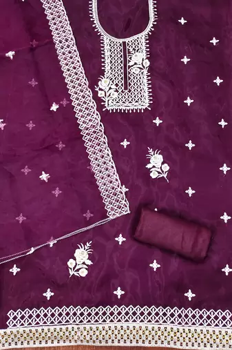 Wine Organza Embroidered Unstitched Dress Material