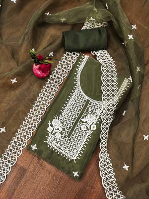Mehndi Organza Embroidered Unstitched Dress Material 1