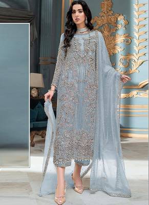 Light blue heavy orgenza silk pakistani salwar suit with dupatta 1