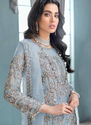 Light blue heavy orgenza silk pakistani salwar suit with dupatta 2