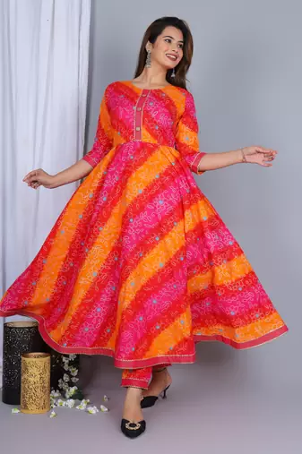 Pure cotton embroidered anarkali kurta & trouser with dupatta set