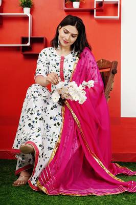 Pure cotton embroidered & printed anarkali kurta with dupatta set for women's 1