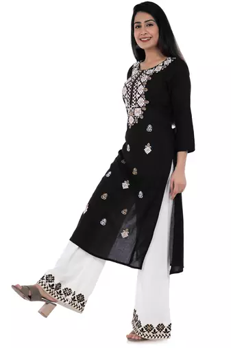 Embroidered rayon straight kurta with palazzo set