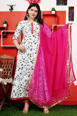 Pure cotton embroidered & printed anarkali kurta with dupatta set for women's 3