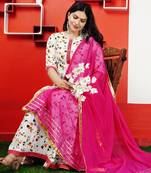 White anarkali kurta pure cotton with dupatta set with (embroidered & floral print work) for womens.
