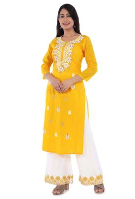 Embroidered rayon straight kurta with palazzo set 1