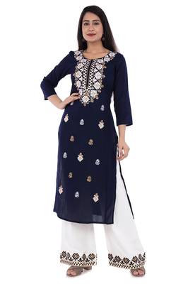 Blue embroidered rayon straight kurta with palazzo set 1
