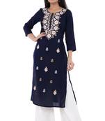 Blue embroidered rayon straight kurta with palazzo set
