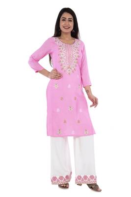 Pink straight kurta with palazzo set(embroidered work) for womens.( rayon) 1