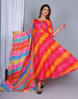 Multi colour pure cotton embroidered & printed anarkali kurta with dupatta set for women's 1