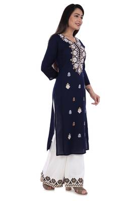 Blue embroidered rayon straight kurta with palazzo set 3