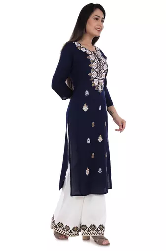 Blue embroidered rayon straight kurta with palazzo set