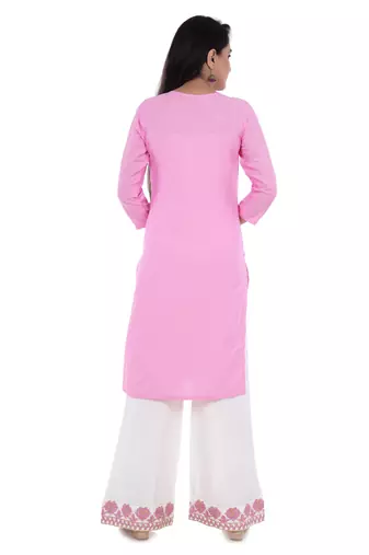 Pink straight kurta with palazzo set(embroidered work) for womens.( rayon)