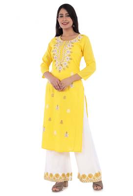 Embroidered rayon straight kurta with palazzo set 1