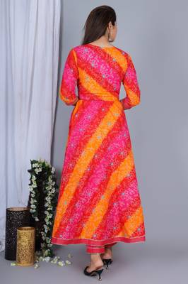 Multi colour pure cotton embroidered & printed anarkali kurta with dupatta set for women's 2