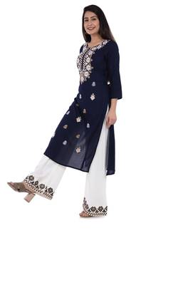 Blue embroidered rayon straight kurta with palazzo set 4