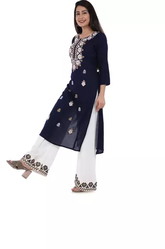 Blue embroidered rayon straight kurta with palazzo set