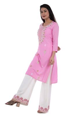 Pink straight kurta with palazzo set(embroidered work) for womens.( rayon) 3