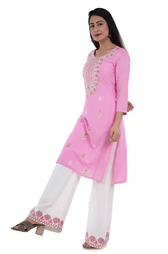 Pink straight kurta with palazzo set(embroidered work) for womens.( rayon)