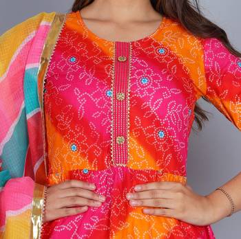 Multi colour pure cotton embroidered & printed anarkali kurta with dupatta set for women's 3