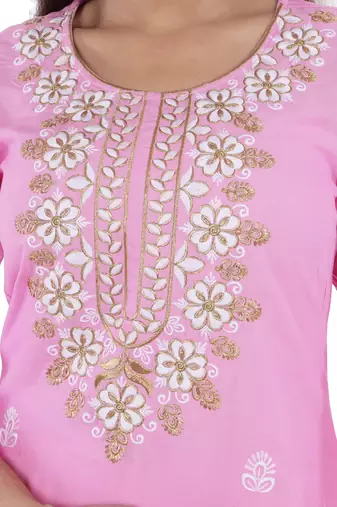 Pink straight kurta with palazzo set(embroidered work) for womens.( rayon)