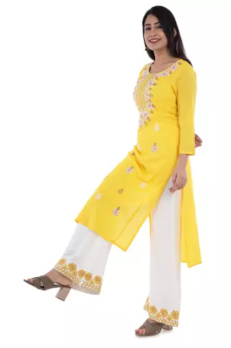 Embroidered rayon straight kurta with palazzo set