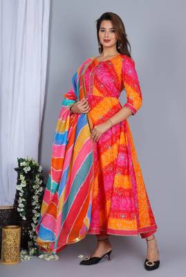 Multi colour pure cotton embroidered & printed anarkali kurta with dupatta set for women's 4