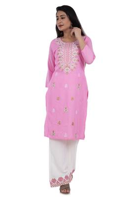 Pink straight kurta with palazzo set(embroidered work) for womens.( rayon) 5
