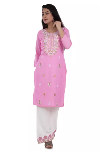Pink straight kurta with palazzo set(embroidered work) for womens.( rayon)