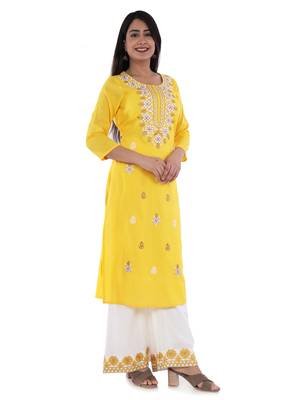 Embroidered rayon straight kurta with palazzo set 5
