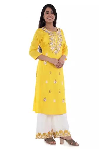 Embroidered rayon straight kurta with palazzo set