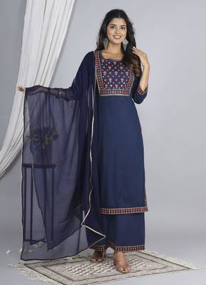 Embroidered straight rayon kurta palazzo with dupatta set 2