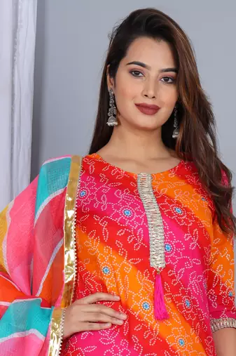 Multicolor Cotton Zari Embroidered Kurta Set for Party and Events