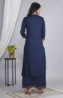 Embroidered straight rayon kurta palazzo with dupatta set 3