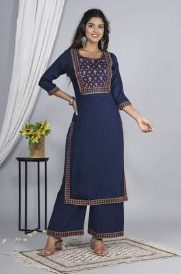 Embroidered straight rayon kurta palazzo with dupatta set 1