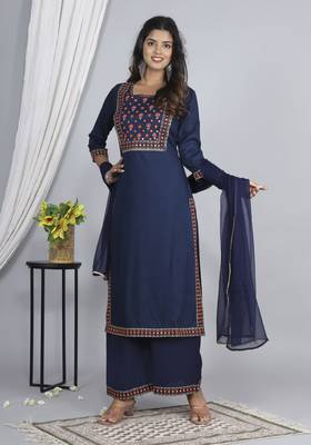 Embroidered straight rayon kurta palazzo with dupatta set 5