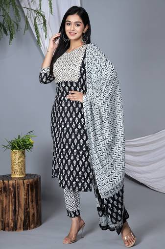 Embroidered pure cotton printed kurta, pant with dupatta set