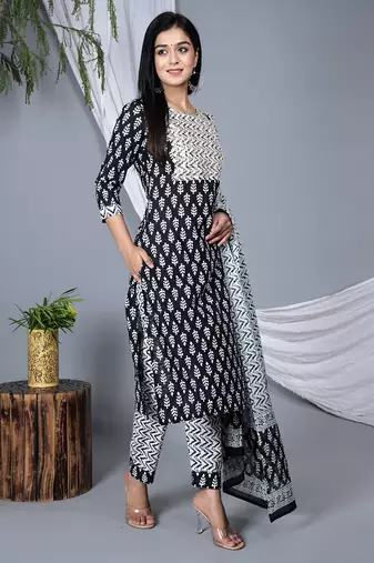 Embroidered pure cotton printed kurta, pant with dupatta set
