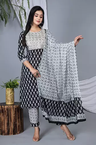 Embroidered pure cotton printed kurta, pant with dupatta set
