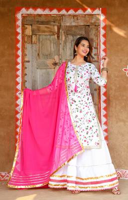 White and Pink Cotton Kurti Skirt Set with Silver Gota Patti Work  1