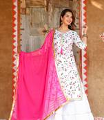 White and Pink Cotton Kurti Skirt Set with Silver Gota Patti Work 