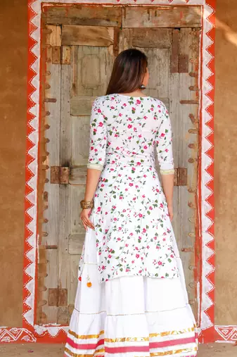 White and Pink Cotton Kurti Skirt Set with Silver Gota Patti Work 